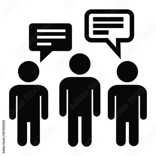 Three people icons talking to each other with speech bubbles