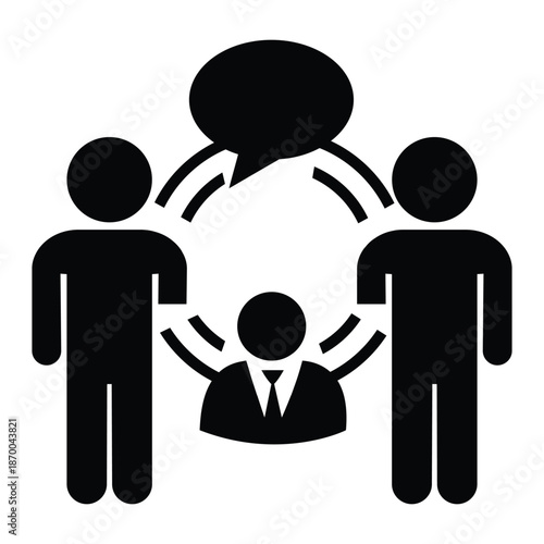 Black silhouette of three people communicating with speech bubble