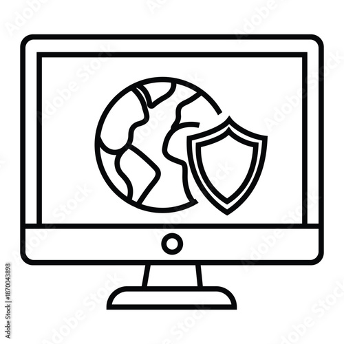 Computer monitor with globe and shield icon on screen