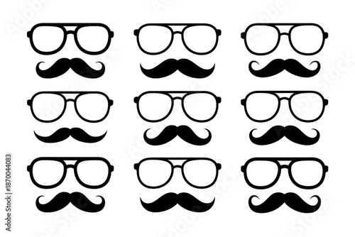 A set of black and white illustrations of glasses and mustaches for photo booth props