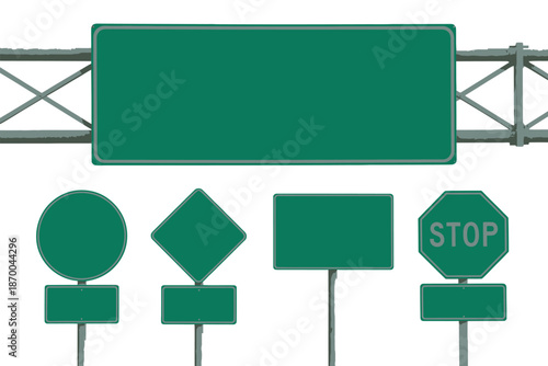 A collection of green road signs on a white background for design and informational purposes.