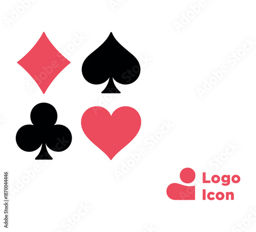A graphic design featuring four playing card suits and a logo icon on a white background