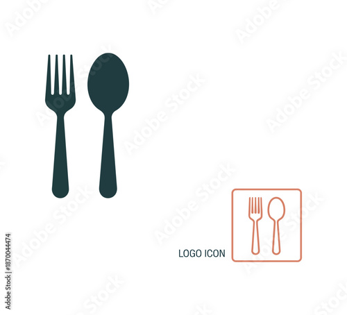 A simple logo icon featuring a fork and spoon on a white background
