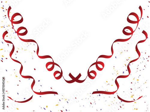 Festive colorful confetti and ribbons falling on transparent background. Celebration and event decor illustration. Celebration carnival ribbons. Holiday and birthday elements