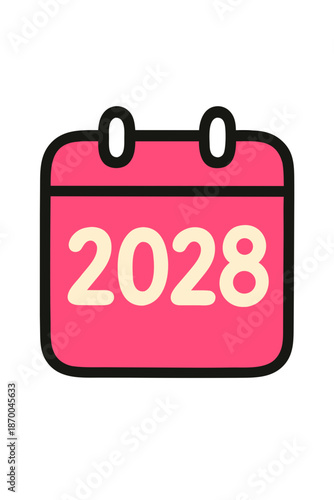 Calendar Illustration with the year 2028. A close-up shot of a pink calendar with the year 2028 displayed in bold numbers. This image represents the concept of time, planning, and future