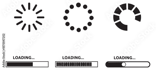 Minimalist flat loading indicators set featuring assorted spinner icons and progress bars for web and application design