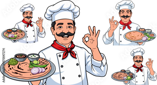 Indian chef presenting delicious traditional food platter while making an excellent perfect gesture on white background