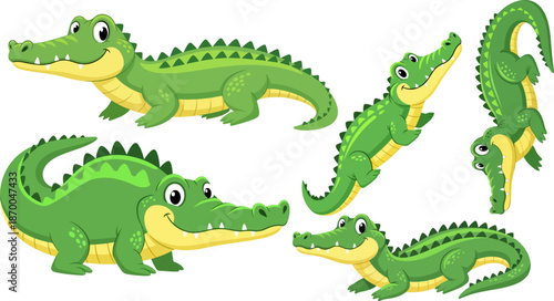 Collection of several cute cartoon green crocodiles in various playful poses showing happy expressions on white background
