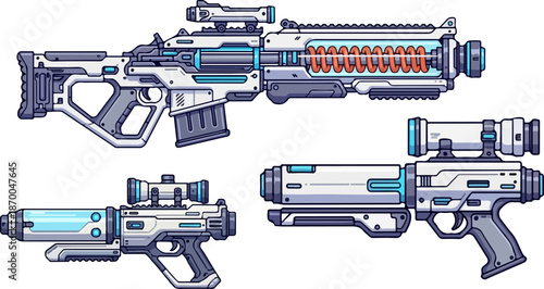 A collection of futuristic white and blue sci-fi energy weapons designs including a rifle and pistols on white background