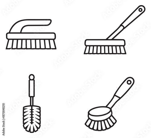 Line art cleaning tools set featuring various household scrubbing brushes for domestic chores