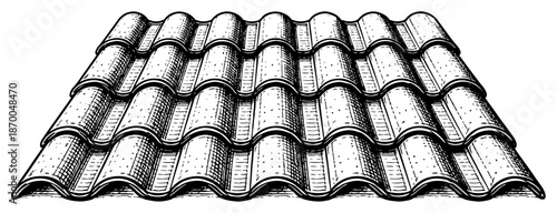 Perspective view of wavy clay roof tiles in vintage engraving style