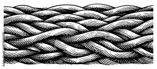 Horizontal woven wicker or rope texture with braided pattern in engraving style