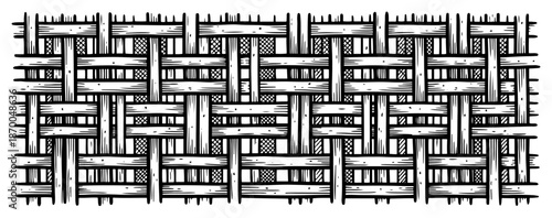 Geometric bamboo or rattan weave pattern texture drawn as black and white sketch