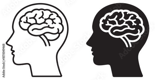 Line art human head icon set featuring a brain in outline and silhouette styles for psychological and educational concepts