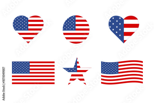 Patriotic American Flag Symbols Set Including Hearts, Circle, Star, and Waving Flags Montage