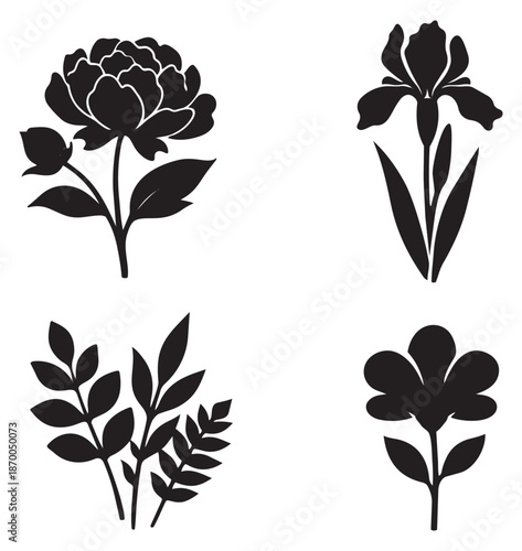 Graphic silhouette floral elements set featuring peony, iris, and various leaf shapes for botanical design