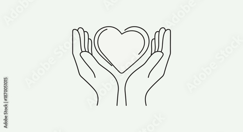 Simple black line art illustration of hands holding a heart symbolizing love care and support on a plain background with charity and kindness