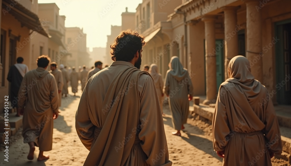 Naklejka premium Ancient **bible scene** with robed figures walking dusty street in ancient city. Group of disciples travels path between old buildings, a spiritual **biblical narrative** for publication.