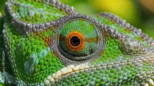 Extreme close-up of a chameleon's eye and textured green skin, macro photography
