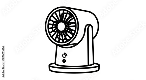 Black and white illustration of a portable electric desk fan with power button and circular base on white background with electric fan and portable fan