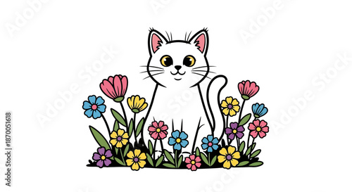 A white cartoon cat sitting in a colorful garden surrounded by vibrant flowers looking happy and playful with colorful flowers and happy cat