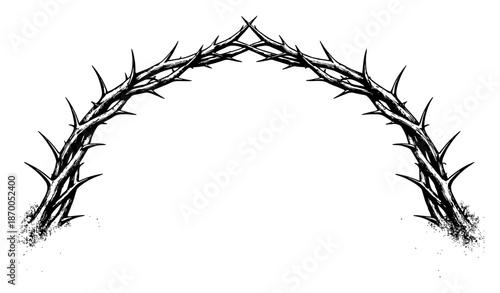 Decorative archway composed of sharp thorny branches in a retro etching style