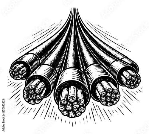 Bundle of electrical power cables and wires in vintage engraving style