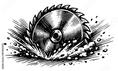 Circular saw blade cutting through material with flying debris in woodcut style