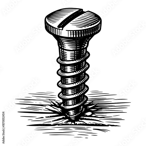Foto Single metal screw driven into surface depicted in vintage engraving style