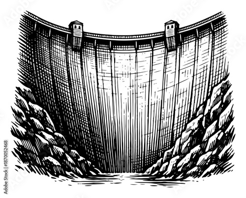 Massive hydroelectric concrete dam structure between cliffs in retro sketch style