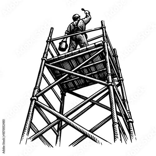 Construction worker on high scaffolding painting in vintage engraving style