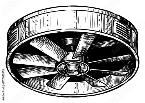 Large industrial ventilation fan or turbine viewed from below in sketch style