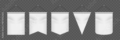 White Pennant Flags Mockup Set, Blank Vertical Hanging Banners with Rounded, Straight, Pointed and Double Edges, Medieval Heraldic Ensign Templates for Marketing Materials, Branding and Promotions.