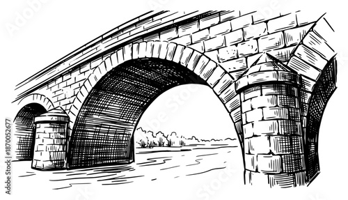 Old stone arch bridge over river in vintage engraving style