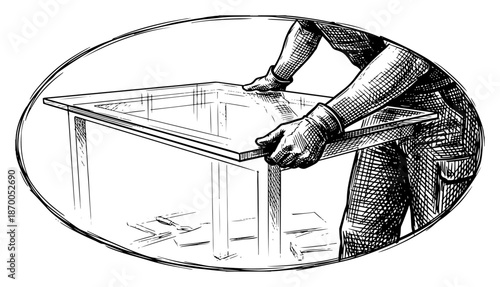 Glazier worker installing glass pane on table frame in oval vignette