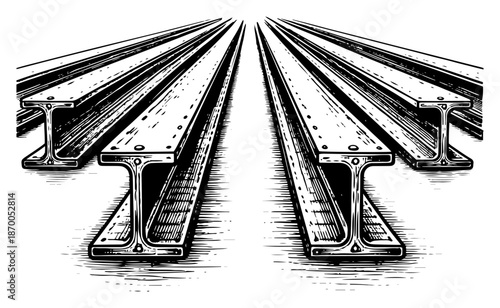 Steel construction beams arranged in perspective view in woodcut style