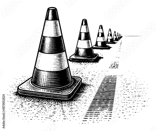 Row of traffic cones on road with tire tracks in vintage engraving style