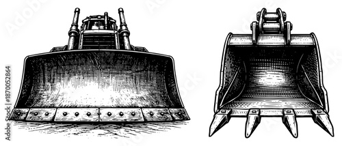 Heavy construction machinery parts showing bulldozer blade and excavator bucket