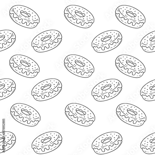 Seamless pattern with donuts with glaze. Sweet doughnuts. Coloring Page. Hand drawn style. Vector illustration