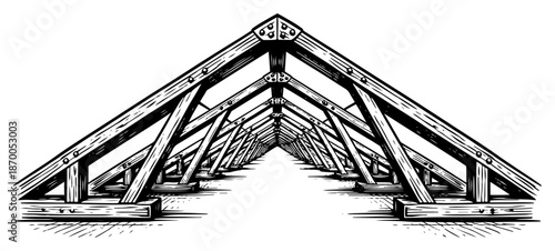 Wooden roof truss framework structure in deep perspective view