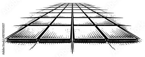 Perspective view of tiled floor grid surface in woodcut style