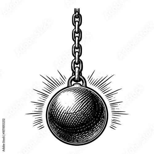 Heavy metal wrecking ball hanging on chain in vintage engraving style