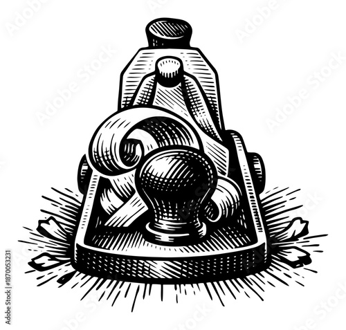 Carpenter hand plane shaving wood curl in vintage engraving style