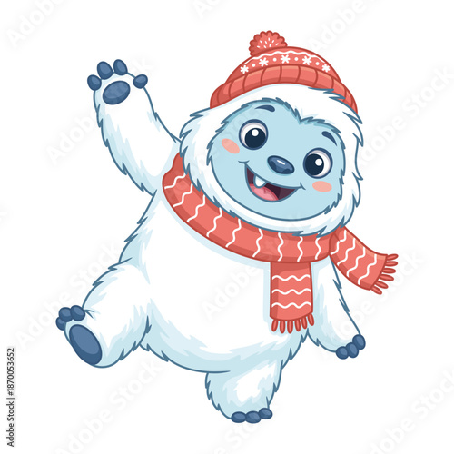 Cute Yeti in Winter Hat and Scarf Waving Hand