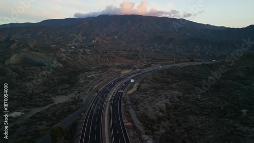 An aerial view of the beautiful sights of the desert of Tabernas in Almería, region of Andalucía, Spain.
