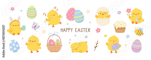 Cute Easter collection with yellow chicks and decorated eggs. Spring set for holiday design. Flat vector illustration.