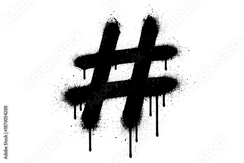 Grunge hashtag symbol with dripping black paint and splatter effect