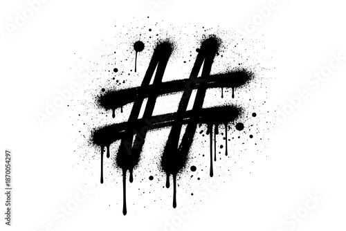 Grunge hashtag symbol with splatter effect in black and white on white background