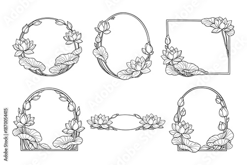 Elegant floral frame set with lotus in linear style