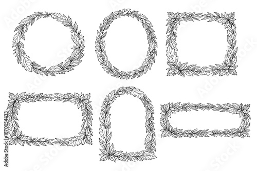 Intricate hand-drawn leafy floral frames for elegant design projects